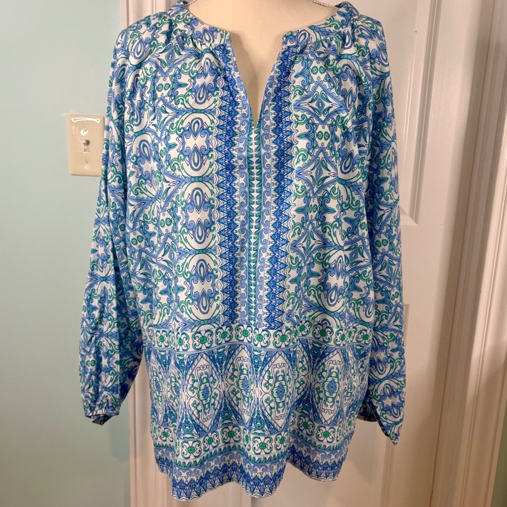 Jude Connally Womens XL Blue Green Paisley Medallion Cotton Tunic Blouse Top